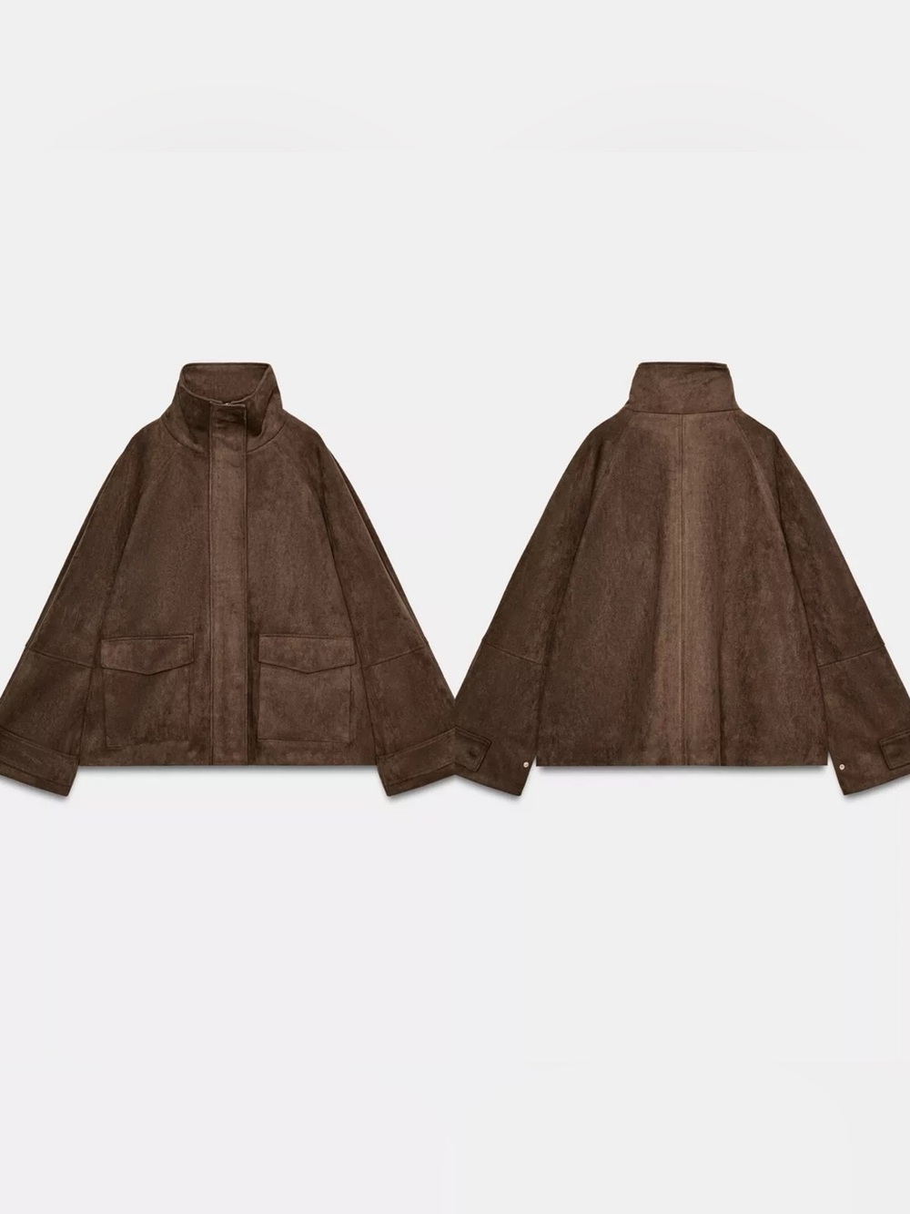 Zara Dark Chocolate Brown Faux Suede Pocket Jacket Relaxed Jacket size Large NWT - Picture 4 of 8
